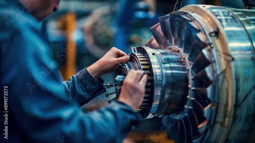 A man is working on a machine with a blue jacket