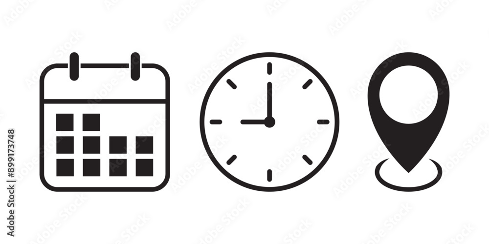 Time, date and address line icon set. Clock, calendar, location pin. Editable stroke. Vector illustration.