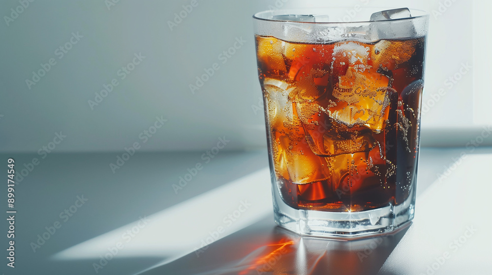 glass of cola with ice, ice tea in a white table top, ice americano glass of cola with ice, ice tea in a white table top, ice americano