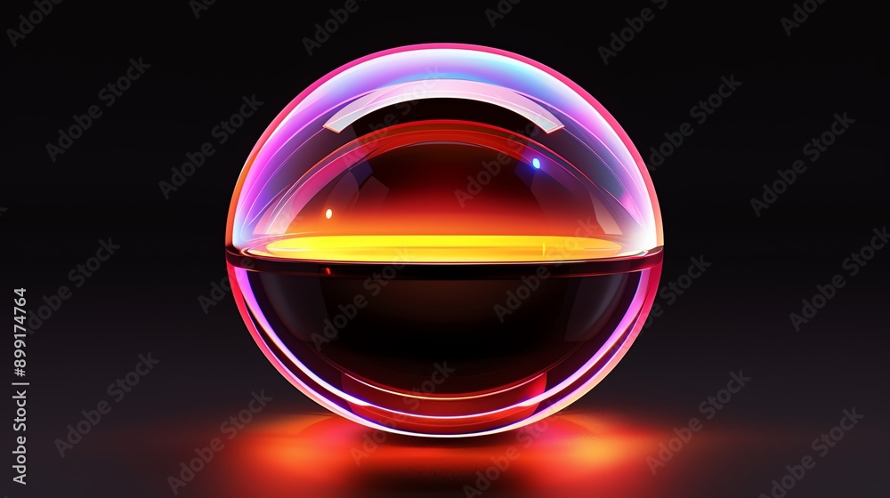 Luminous Sphere, a vibrant glass orb radiating warm hues of orange and red, encased in a luminous outer layer with soft reflections against a dark backdrop.