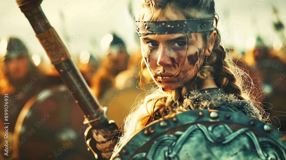 Young viking warrior woman in an epic battle