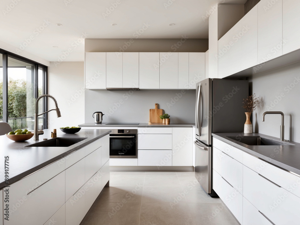 Step into an open-concept kitchen with sleek white cabinets, a gray countertop, stainless steel appliances, and minimal decor. Step into an open-concept kitchen with sleek white cabinets, a gray countertop, stainless steel appliances, and minimal decor.