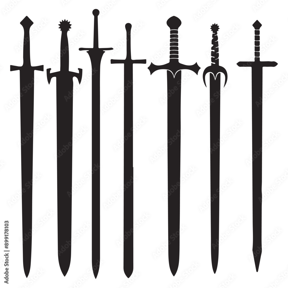 Swords black silhouette set, Japanese sword silhouette vector illustration on white background Swords black silhouette set, Japanese sword silhouette vector illustration on white background