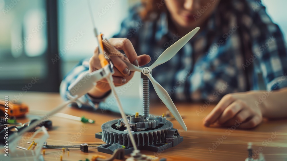 Fototapeta premium A woman is working on a model of a wind turbine