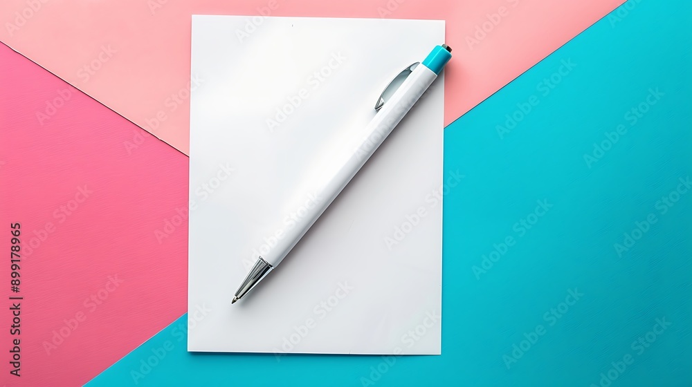 White mockup blank and pen on geometric pink and blue background White mockup blank and pen on geometric pink and blue background