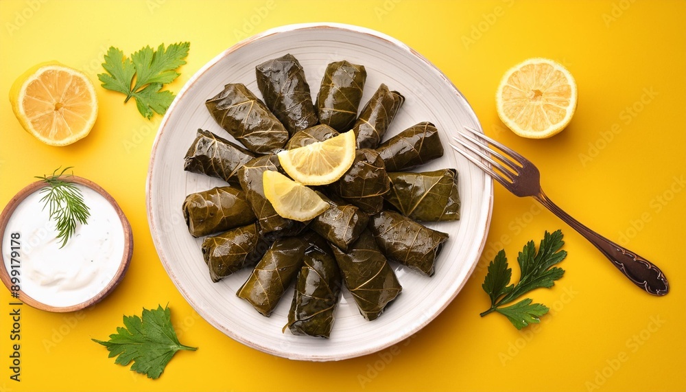 Turkish stuffed dish dolma on yellow background Turkish stuffed dish dolma on yellow background