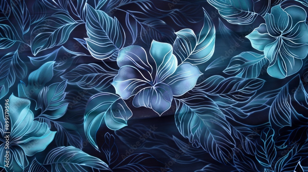Blue Floral Pattern on Dark Background - Tropical Design Blue Floral Pattern on Dark Background - Tropical Design