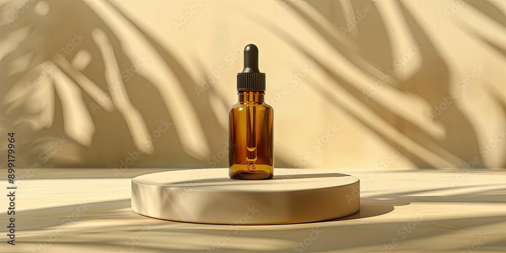 brown glass bottle of face oil on an empty circular podium, generative AI brown glass bottle of face oil on an empty circular podium, generative AI