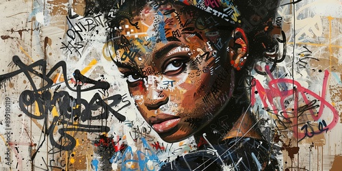 Dreamy African Woman Surrounded by Graffiti and Newspapers