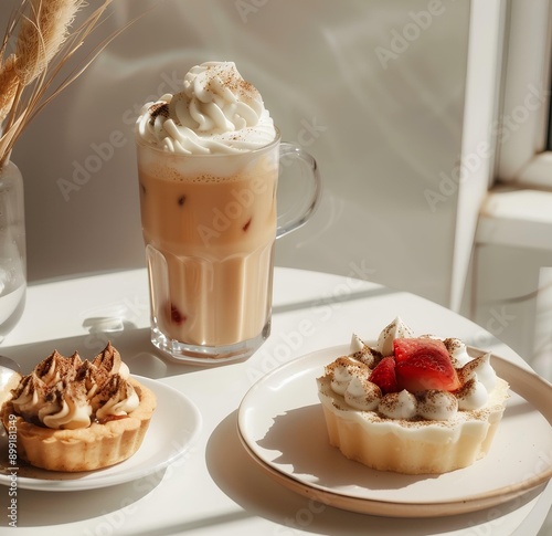 ice coffee in glass with cream on top, next to it is one strawberry cake and two white chocolate desserts, the background features beige tablecloth and books, on a sunny day, cafecore  photo