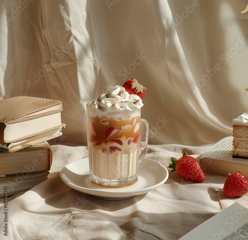 ice coffee in glass with cream on top, next to it is one strawberry cake and two white chocolate desserts, the background features beige tablecloth and books, on a sunny day, cafecore  photo