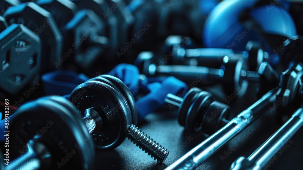 A bunch of weights and dumbbells are on a black surface A bunch of weights and dumbbells are on a black surface