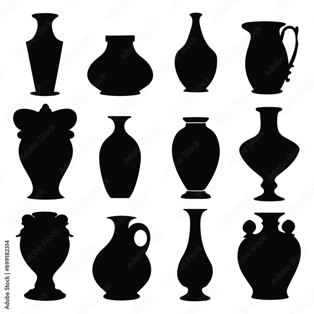 Vases and jars silhouette set, Different shapes vases, Trendy vases and jars vector illustration Vases and jars silhouette set, Different shapes vases, Trendy vases and jars vector illustration