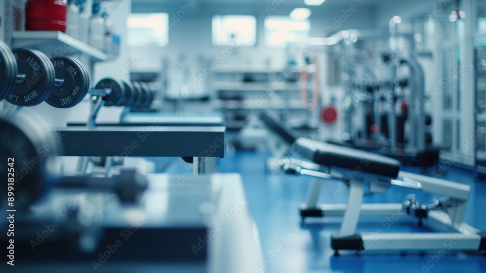 A gym with a lot of equipment and a blue floor A gym with a lot of equipment and a blue floor