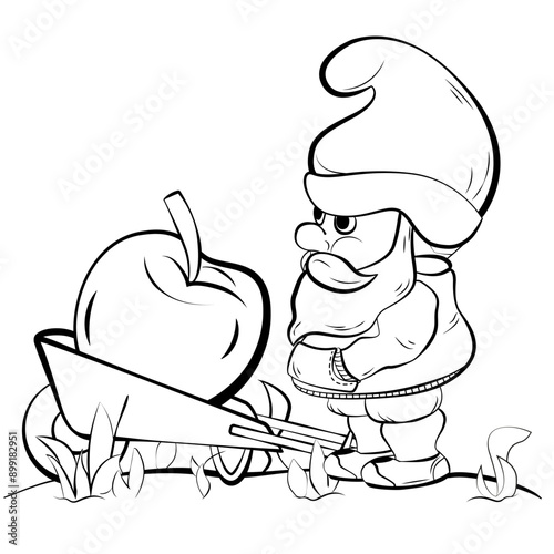 Vector image of a cute garden lawn dwarf or gnome in hoodie with carriage with apple fruit. Children coloring page in black lines.