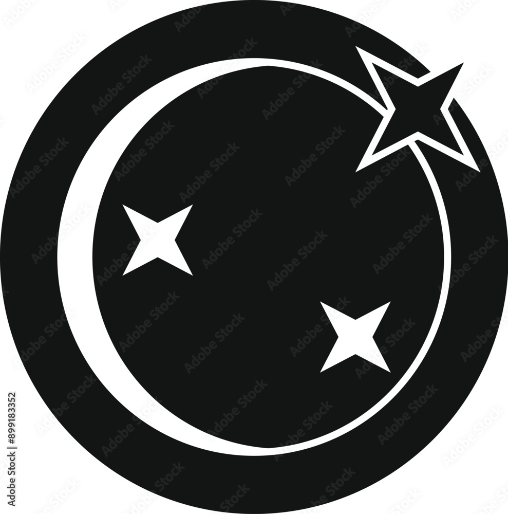 Simple black and white logo featuring three white stars forming a crescent shape inside a thick circle Simple black and white logo featuring three white stars forming a crescent shape inside a thick circle
