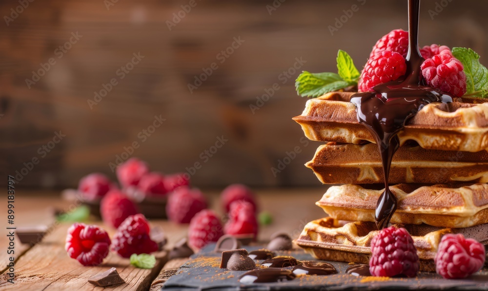 Belgian waffles with melted chocolate and raspberries, flying ingredients. Tasty breakfast concept. Belgian waffles with melted chocolate and raspberries, flying ingredients. Tasty breakfast concept.