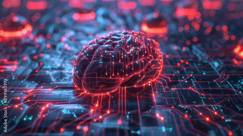 A brain is shown on a computer chip with a red and blue color scheme A brain is shown on a computer chip with a red and blue color scheme