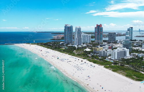 Miami Beach, South Beach, Florida, USA. Drone aerial view of Miami Beach, Florida. Miami Beach in Florida with luxury apartments and waterway.