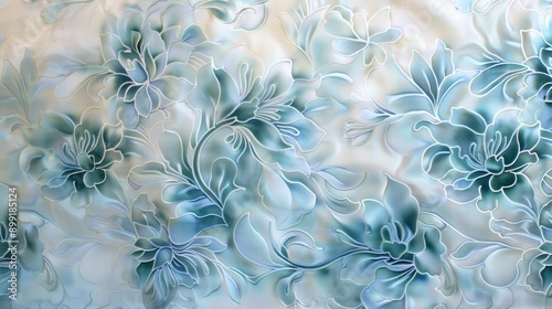 Blue Floral Pattern on White Silk Fabric