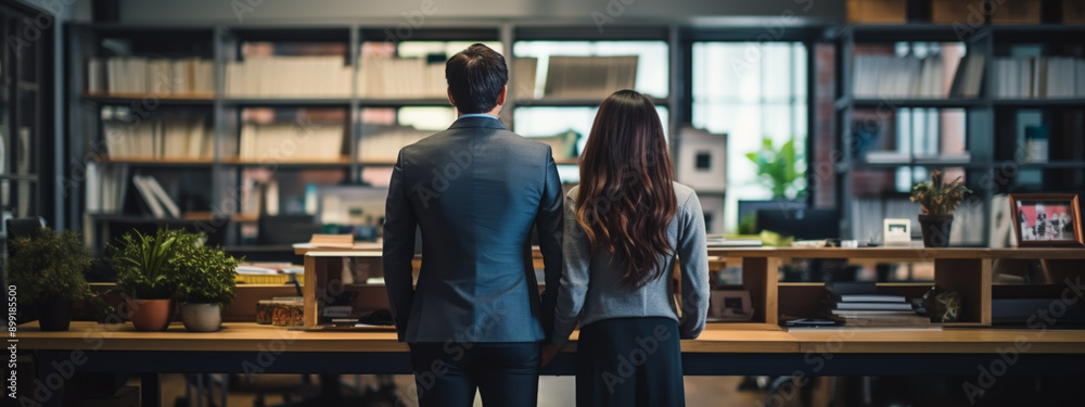 Successful happy businessman and businesswoman standing back to back with arms crossed and smiling at camera, office interior. Partnership concept Successful happy businessman and businesswoman standing back to back with arms crossed and smiling at camera, office interior. Partnership concept