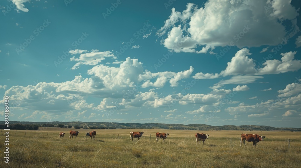 A peaceful field with grazing cattle under a wide, open sky. A peaceful field with grazing cattle under a wide, open sky.