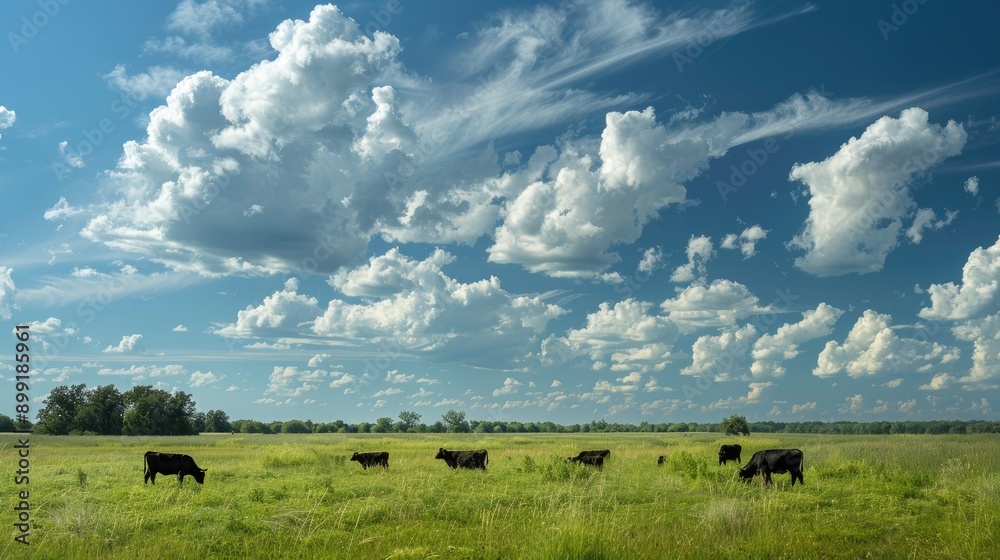 A peaceful field with grazing cattle under a wide, open sky. A peaceful field with grazing cattle under a wide, open sky.