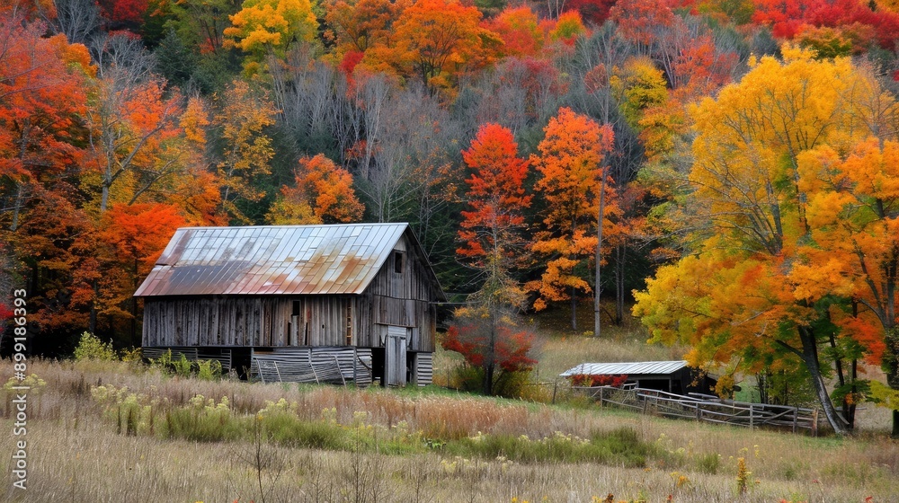 A picturesque fall landscape with a rustic barn surrounded by colorful trees. A picturesque fall landscape with a rustic barn surrounded by colorful trees.