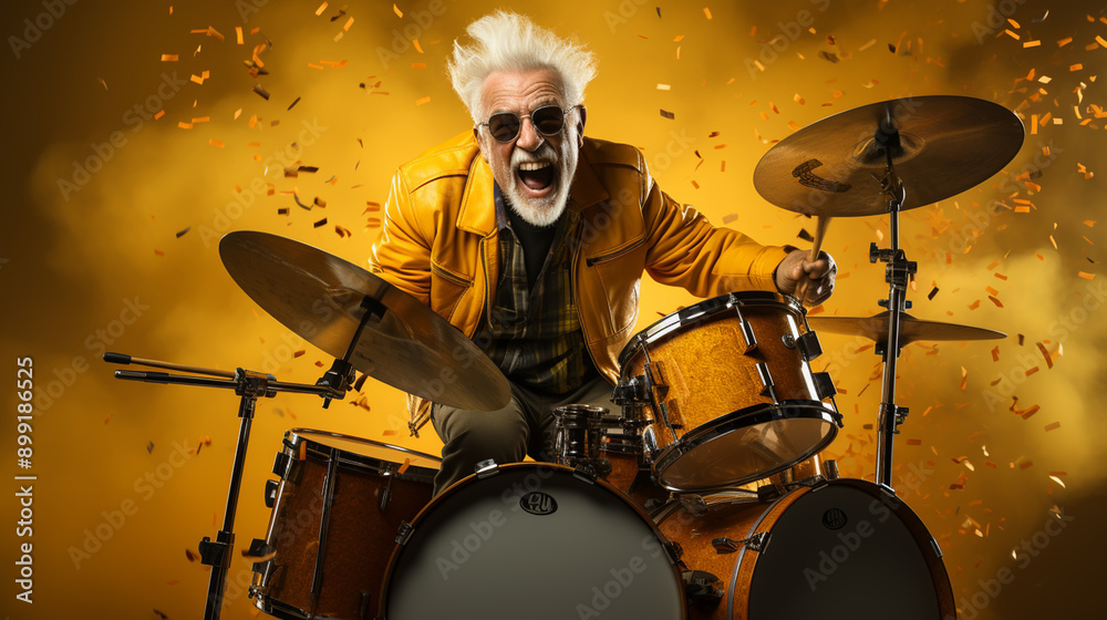 Fototapeta premium Portrait of retired pensioner retired people play drum drumstick