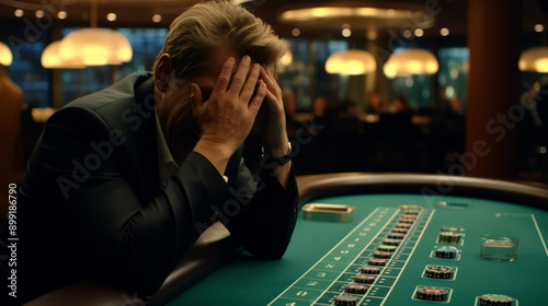 Young devastated businessman losing poker game at casino, gambling addiction photo