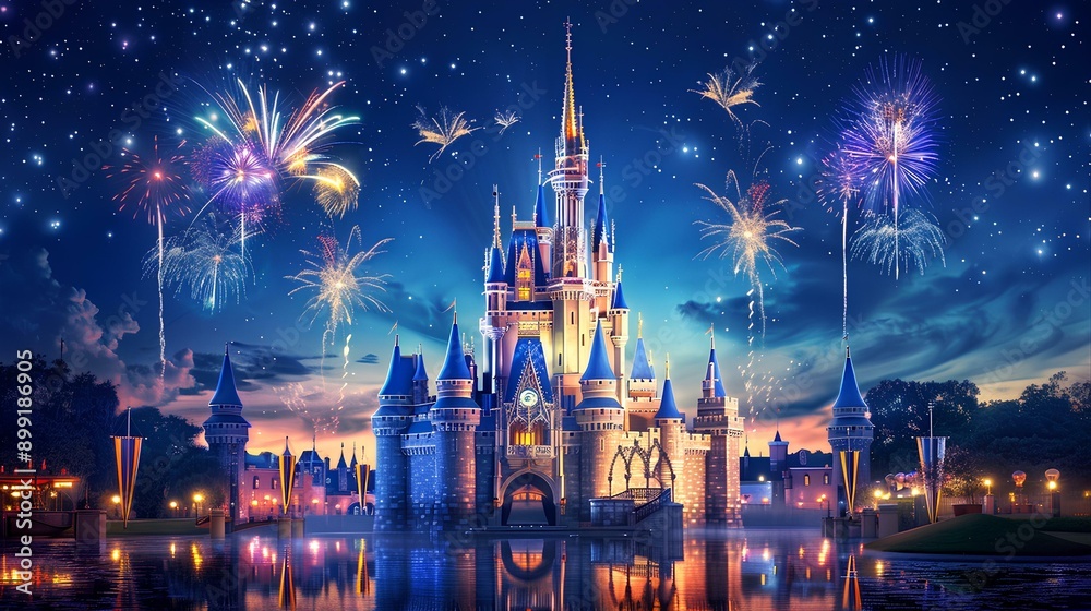 Fototapeta premium Castle in the night sky, fireworks fill up and down, reflecting on the lake, dreamy lights, magical atmosphere, colorful decorations, towering buildings around it, princess castle, sparkling stars