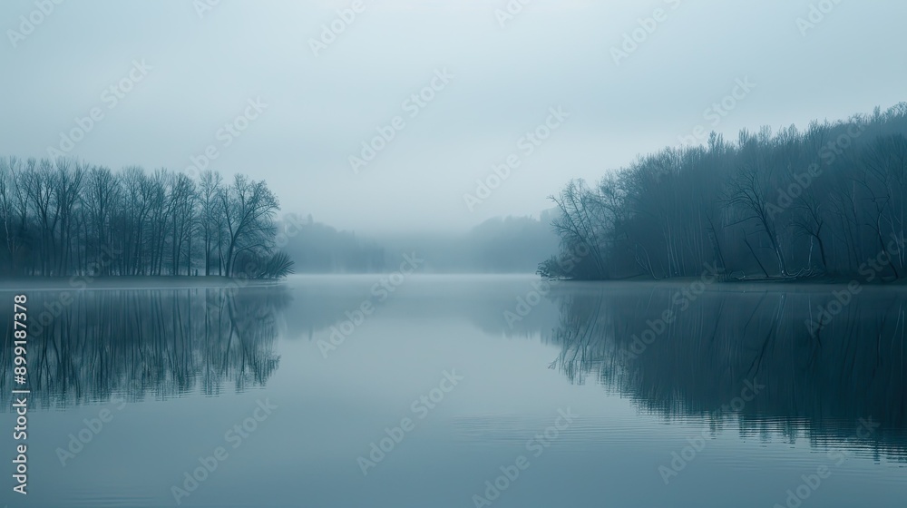 A quiet lake covered in fog, with the reflection of trees barely visible in the water. A quiet lake covered in fog, with the reflection of trees barely visible in the water.