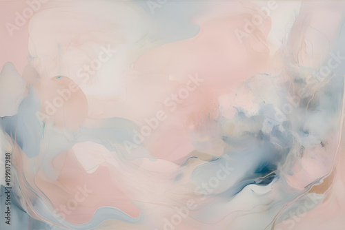 Dreamy, ethereal abstract painting with soft pink and blue hues, featuring organic shapes and delicate textures. © Iskandar