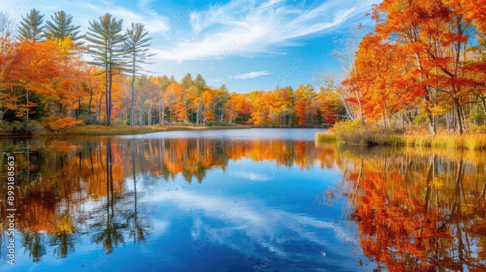 A scenic view of a lake surrounded by trees in full fall colors with reflections in the water. A scenic view of a lake surrounded by trees in full fall colors with reflections in the water.