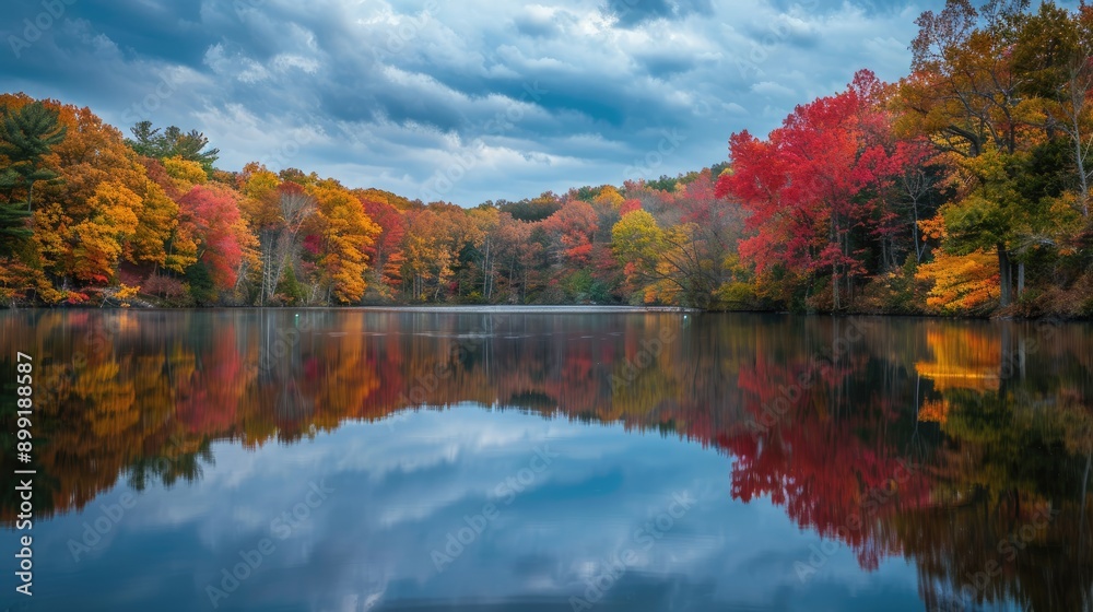 A scenic view of a lake surrounded by trees in full fall colors with reflections in the water. A scenic view of a lake surrounded by trees in full fall colors with reflections in the water.