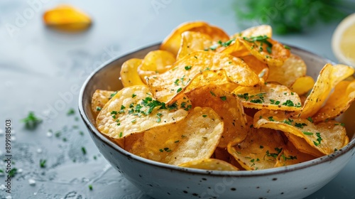 A bowl of golden, crispy potato chips garnished with a mix of fresh herbs, perfect for a snack time feature