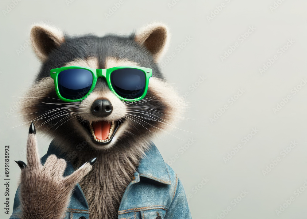 Funny raccoon in green sunglasses showing a rock gesture isolated on white background