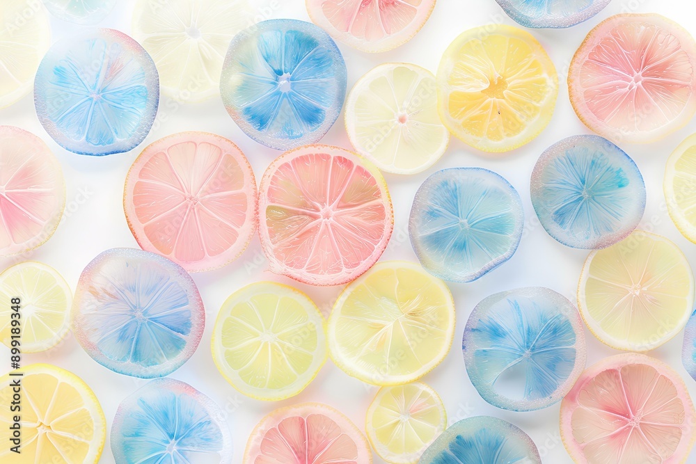 Cute pastel pink, blue and green lemon slices background. Soft and dreamy atmosphere. creating an elegant pattern that evokes the freshness of springtime vibes 