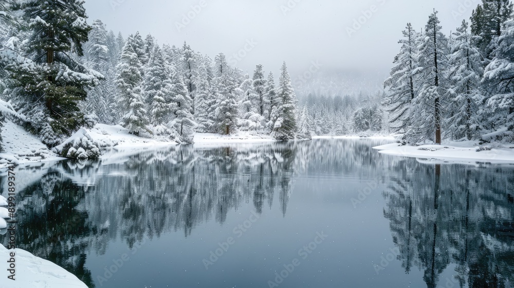 A serene snow-covered lake with reflections of snowy trees on the water. A serene snow-covered lake with reflections of snowy trees on the water.