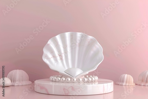 3d product stage, podium, minimalistic, pink background, shellshaped, white marble plate and pearls, modern aesthetic photo