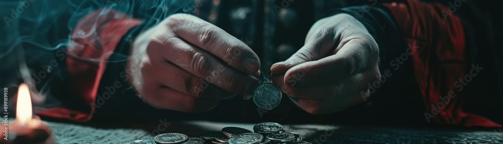 Mysterious person counting ancient coins in dimly-lit room with candlelight, close-up view of hands and coin details. Mysterious person counting ancient coins in dimly-lit room with candlelight, close-up view of hands and coin details.
