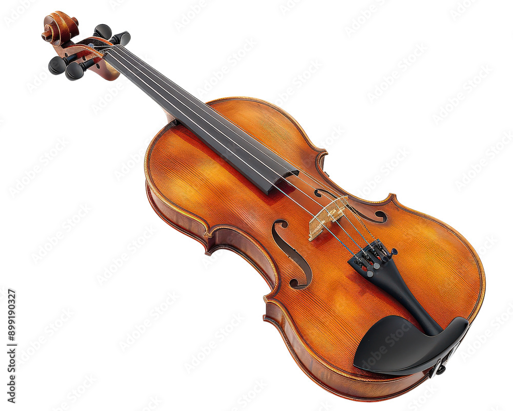 A beautiful, old fashioned violin is shown in a white background. The instrument is made of wood and has a black string. Concept of elegance and timelessness, as the violin is a classic A beautiful, old fashioned violin is shown in a white background. The instrument is made of wood and has a black string. Concept of elegance and timelessness, as the violin is a classic