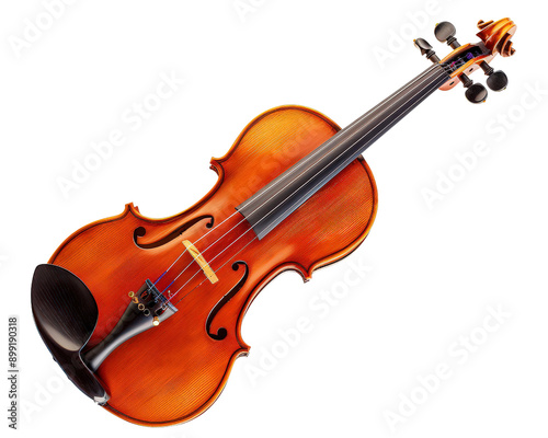 A beautiful, old fashioned violin is shown in a white background. The instrument is made of wood and has a black string. Concept of elegance and timelessness, as the violin is a classic