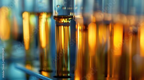 A row of test tubes filled with yellow liquid photo