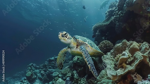 Big green sea turtle swimming among colorful coral reef in dark clear water. Marine life underwater in blue ocean. Observation animal world. Scuba diving adventure in Red sea, coast Africa