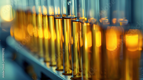 A row of test tubes filled with yellow liquid photo