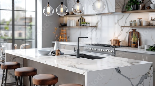 Modern kitchen interior with white marble countertop. photo