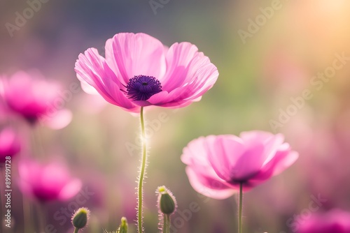 Poppy anemone flower bokeh background, AI Generated