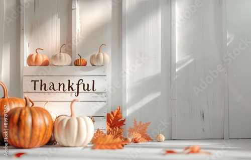 wooden background with pumpkins and the inscription Thankful