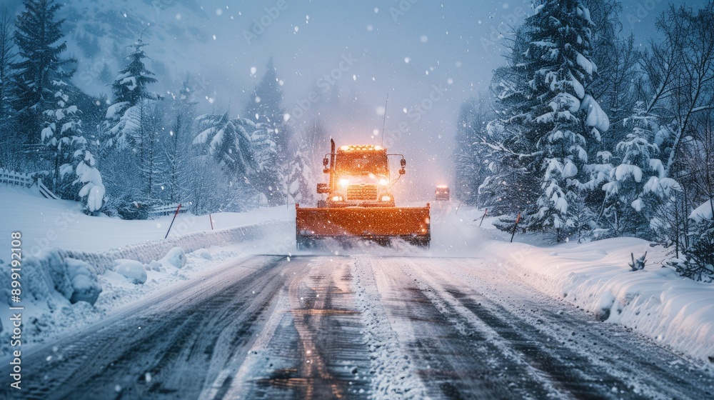A snowplow clearing a snowy road during a heavy snowfall. A snowplow clearing a snowy road during a heavy snowfall.